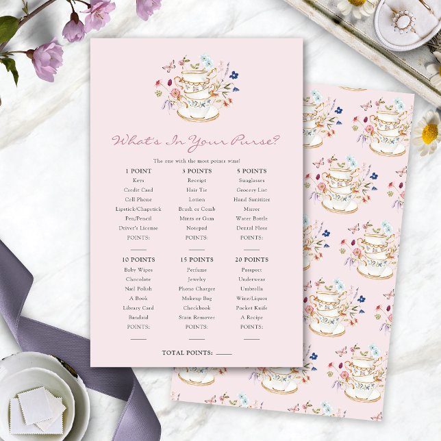 Pink O Que Está Na Sua Bolsa Jogo (Pink Tea Party Wedding Shower What's In Your Purse Game by Painted Paperie
)