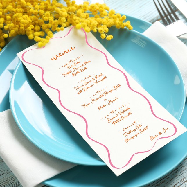 Pink & Orange Hand Drawn Curvy Border Wedding Menu (Criador carregado)