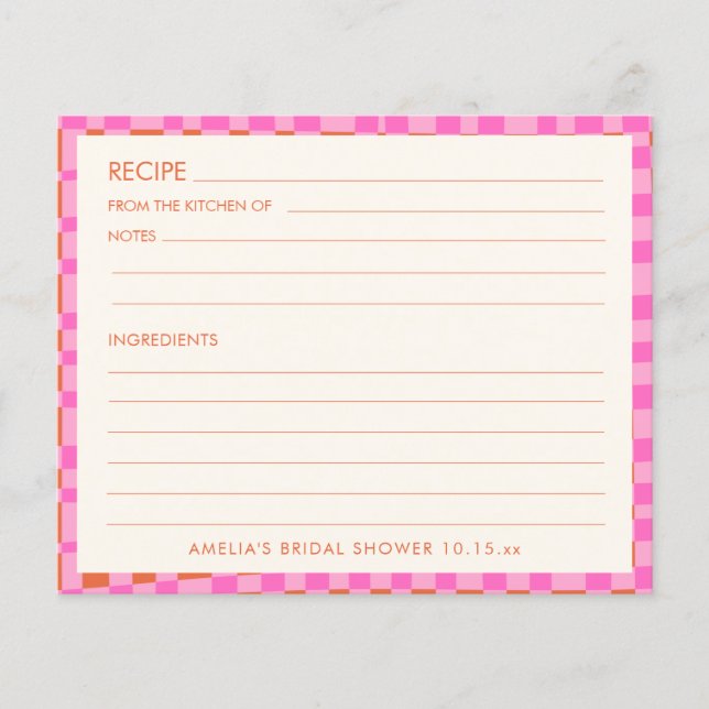 Pink Orange Personalized Bridal Shower Recipe Card (Frente)