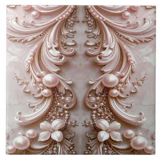 Pink Ornate Pearl and Floral Ceramic Tile