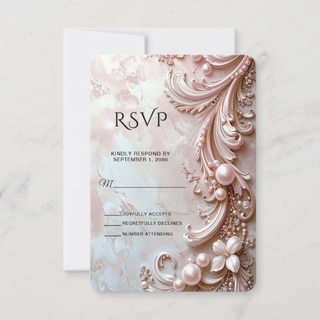 Pink Ornate Pearl and Floral RSVP Card (Frente)