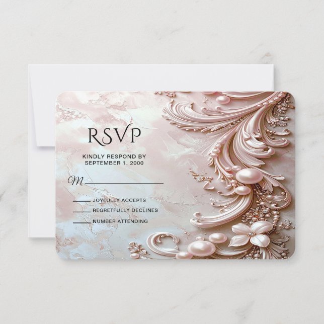 Pink Ornate Pearl and Floral RSVP Card (Frente)