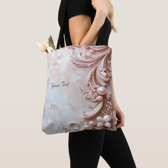 Pink Ornate Pearl and Floral Tote Bag (Close Up)