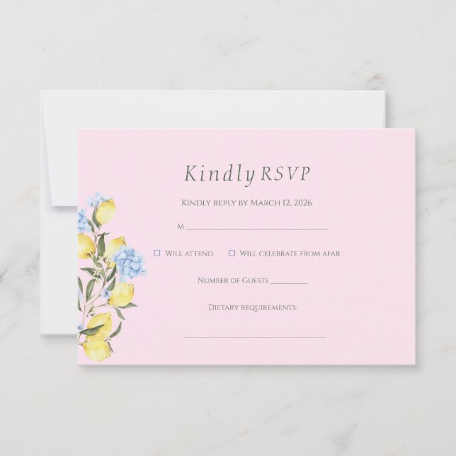 Pink Pastel Watercolor Citrus Wedding RSVP Card (Frente)