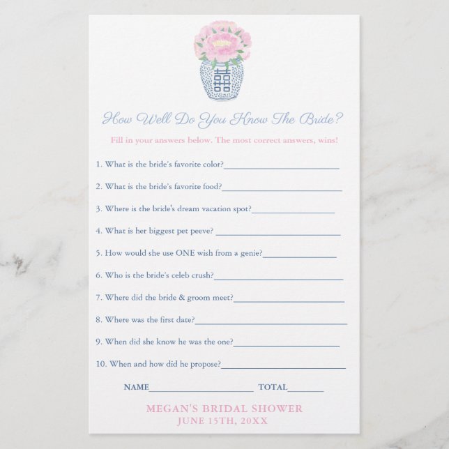 Pink Peonies Who Knows Bride The Best Game Sheet (Frente)