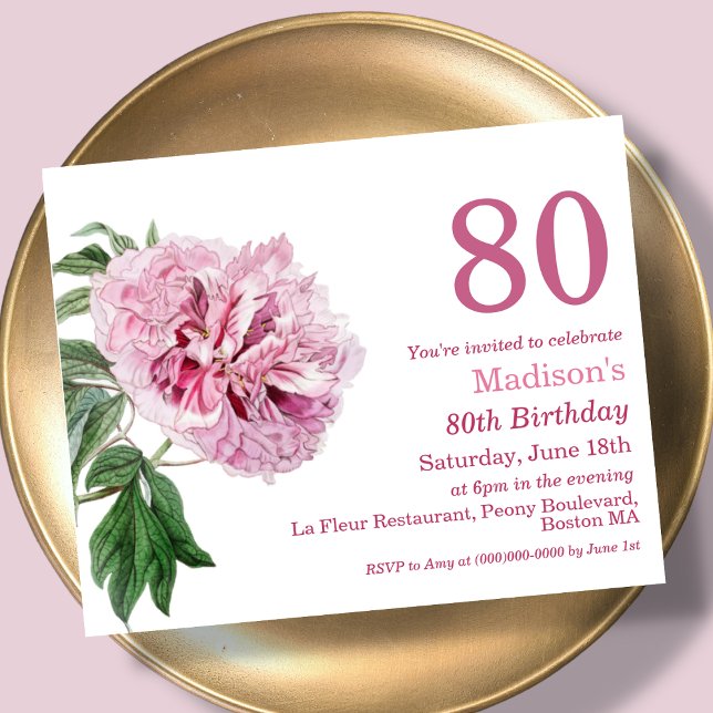 Pink Peony | Convite de Aniversário para 80 Orçame (Criador carregado)