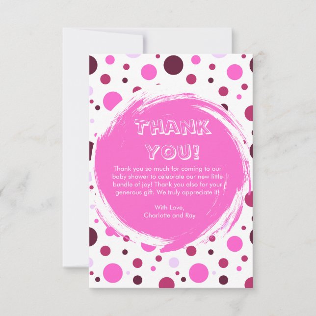 Pink polka dot Baby Shower Thank you card (Frente)
