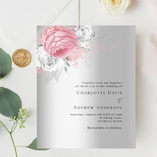 Pink prata floral convite para casamento