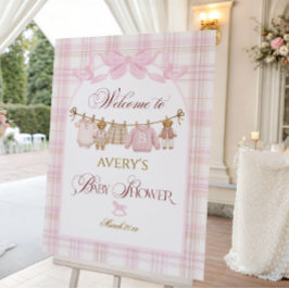 Pink Preppy Teddy Bear Girl Baby Shower Plaid Bow 