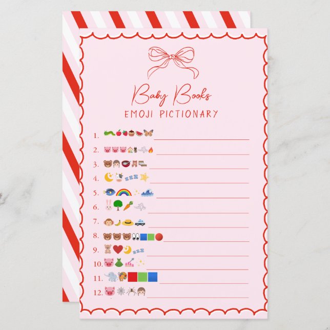 Pink & Red Bow Baby Books Emoji Pictionary Game (Frente/Verso)
