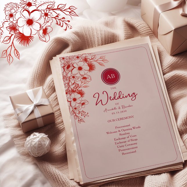 Pink Red Floral Wedding Program (Criador carregado)