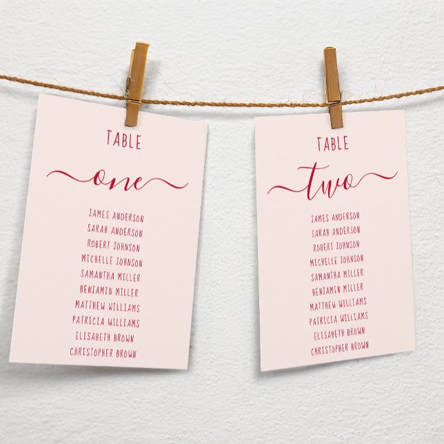 Pink & Red Script Simple Modern Seating Chart Card (Criador carregado)