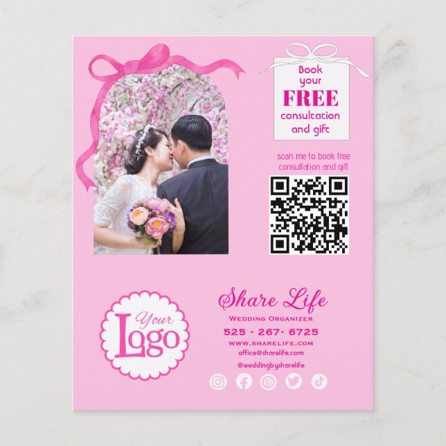 Pink Ribbon Wedding Organizer Business Flyer (Frente)