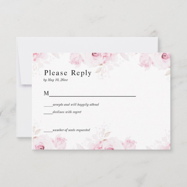 Pink Romantic Roses Elegant White RSVP Card (Frente)