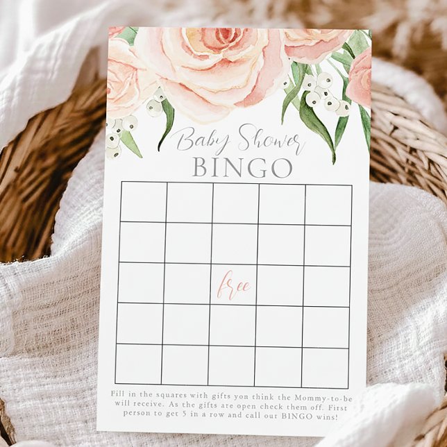 Pink Rose Floral Girl Baby Shower Bingo Game Card (Criador carregado)