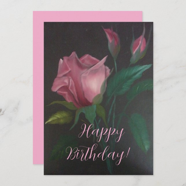 Pink Rose n Rosebuds Flat Greeting Card (Frente/Verso)