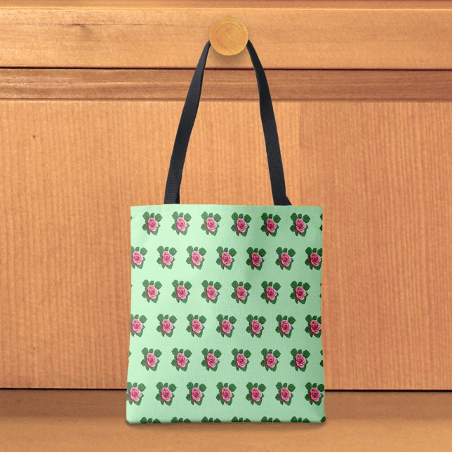 Pink Rose Seamless Pattern on Light Green Tote Bag (Light green tote bag with seamless pattern of a pink rose)