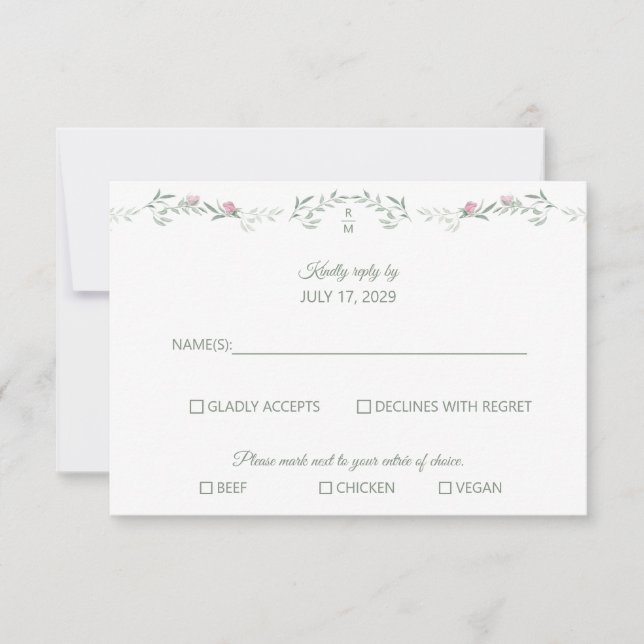 Pink Rose Vine and Monogram RSVP Response Card (Frente)