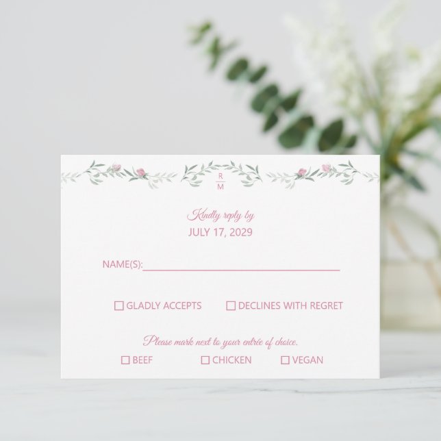 Pink Rosebuds Greenery Monogram RSVP Response Card (Em pé/Frente)