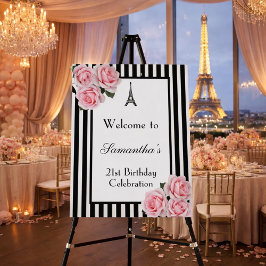 Pink roses black stripes Paris welcome birthday
