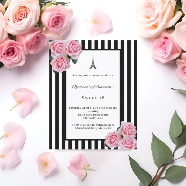 Pink roses black white stripes Paris Sweet 16 (Criador carregado)
