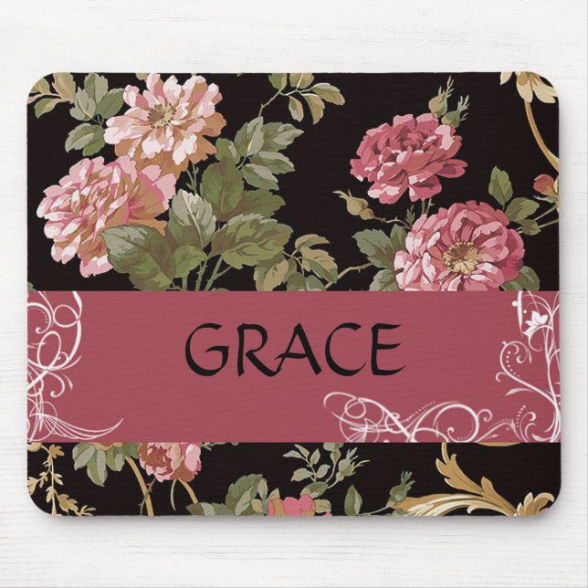Pink Roses on Black Floral Personal Mouse Pad (Frente)