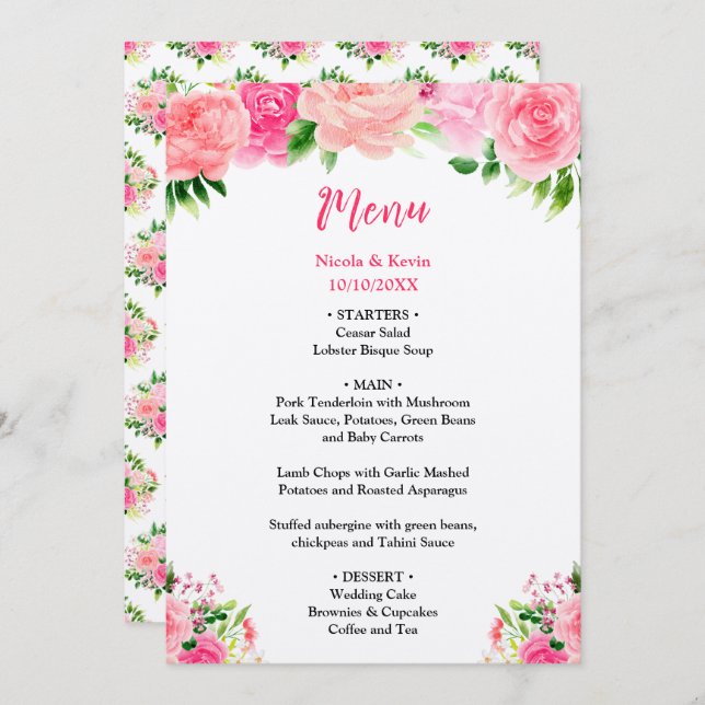 Pink Roses with Foliage Wedding Menu (Frente/Verso)