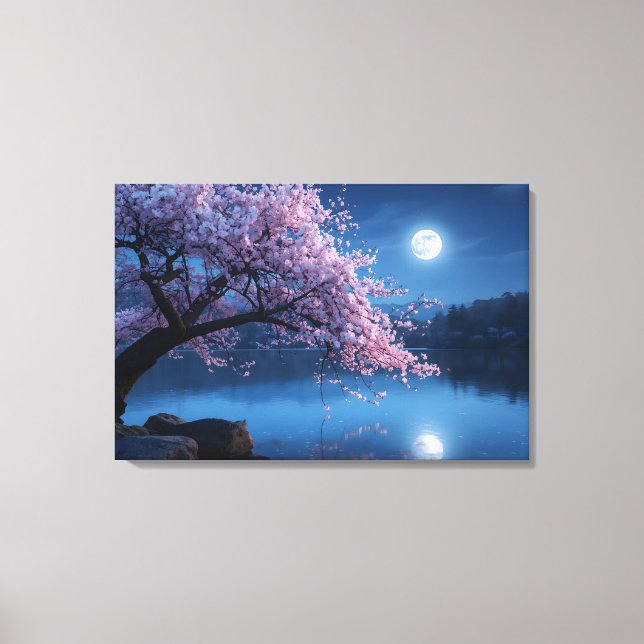 Pink Sakura Tree & Full Moon Night Canvas Print (Frente)