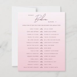 Pink Script Would She Rather Party Game Card