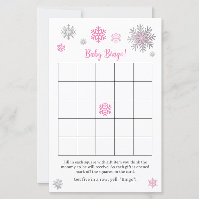 Pink Silver Snowflake Baby Shower Bingo Game  (Frente)