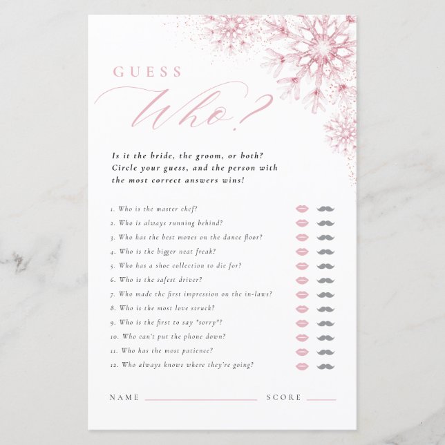 Pink Snow in Love Guess Who Bridal Shower Game (Frente)