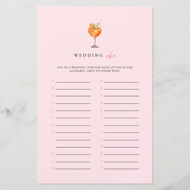 Pink Spritz Wedding ABC Bridal Shower Game (Frente)