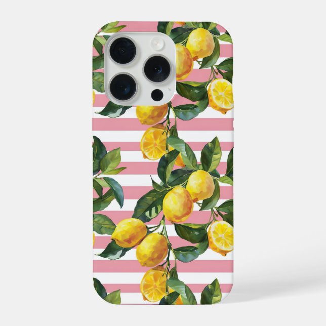 Pink Stripes Summer Lemon Pattern iPhone Case (Verso)