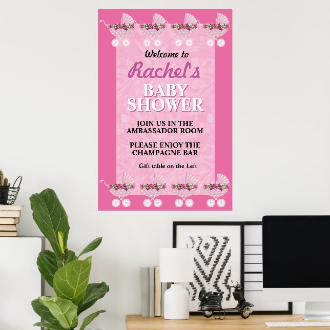 Pink Stroller Girl Baby Shower Welcome Poster (Escritório em casa)