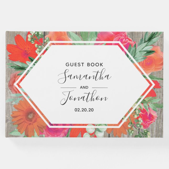 Pink Sunset Bloom Floral Frame Livro de Convidados (Frente)