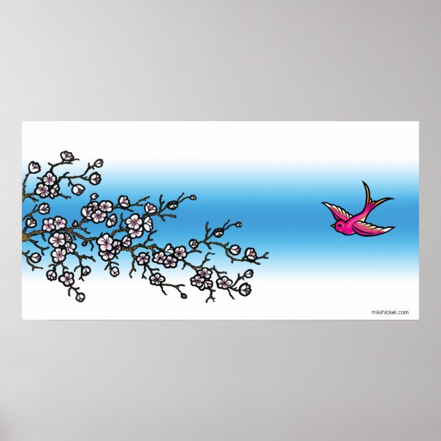 Pink Swallow and Cherry Blossom Poster (Frente)