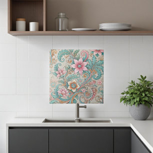 Pink Teal Boho Batik Indonésio Floral Aquarela
