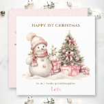 Pink Vintage Snowman Girl Primeiro Cartão de Natal<br><div class="desc">Cartão de Natal com um adorável bonitão vintage bonitão,  de cor rosa,  para bebês e meninas. Personalize facilmente este cartão de Natal com o seu próprio texto - Kate Eden Art.</div>