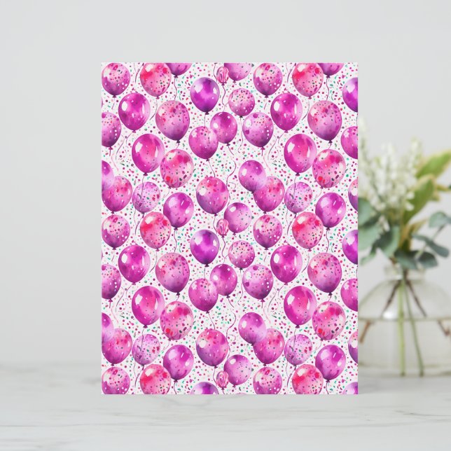 Pink Watercolor Balloons and Confetti Party Paper (Em pé/Frente)