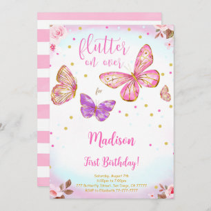 Pink Watercolor Butterfly Convite para Aniversário