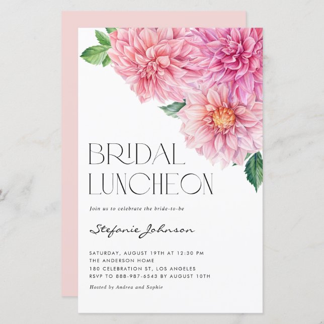 Pink Watercolor Dahlia Bridal Luncheon Convite (Frente/Verso)