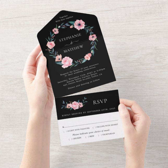 Pink Watercolor Floral Wreath Black (Aba destacável)