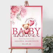 Pink Watercolor Teddy Bear Baby Shower Welcome