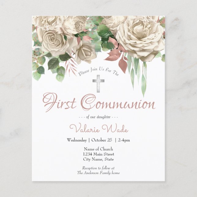 Pink White Floral First Communion Flyer (Frente)