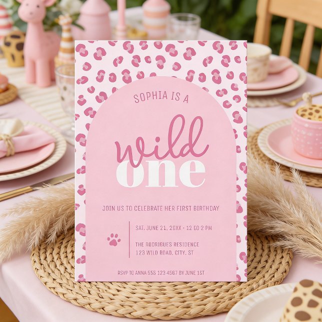 Pink Wild One Girl First Birthday Convite (Front of the invitation shown in 5x7-inch. Choose size, paper, and corner style.)