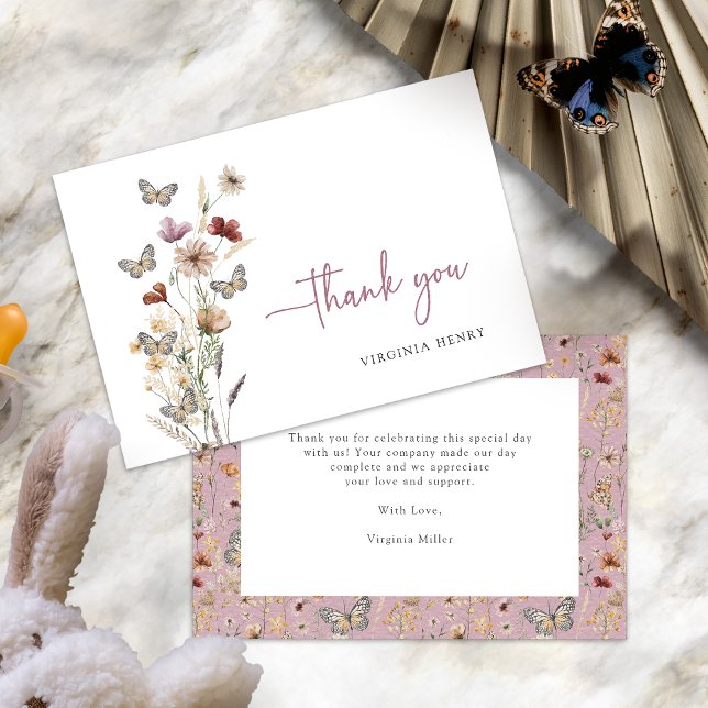 Pink Wildflower Obrigado Cartões (Dusty Pink Wildflower Thank You Cards with Butterflies by Painted Paperie
)