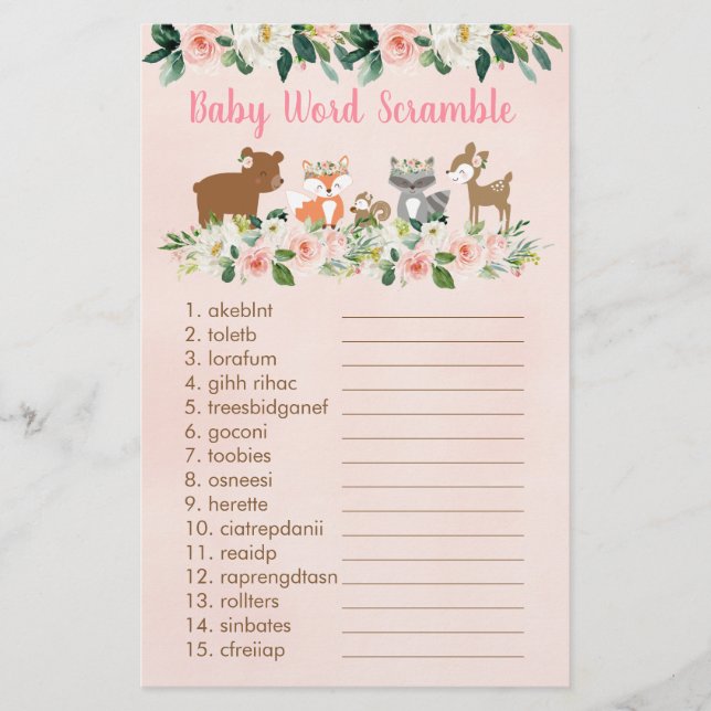Pink Woodland Floral Baby Word Scramble Game (Frente)