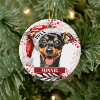 Pinscher Miniatura de Chapéu de Natal Enfeite de N