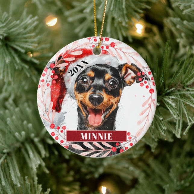 Pinscher Miniatura de Chapéu de Natal Enfeite de N (Árvore)