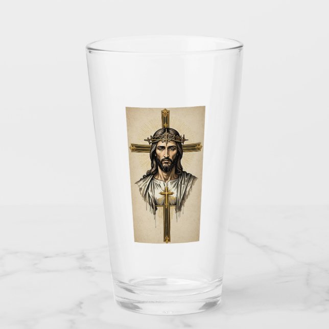 Pint Copo de Vidro Arte Espiritual Jesus Cristo (Frente)